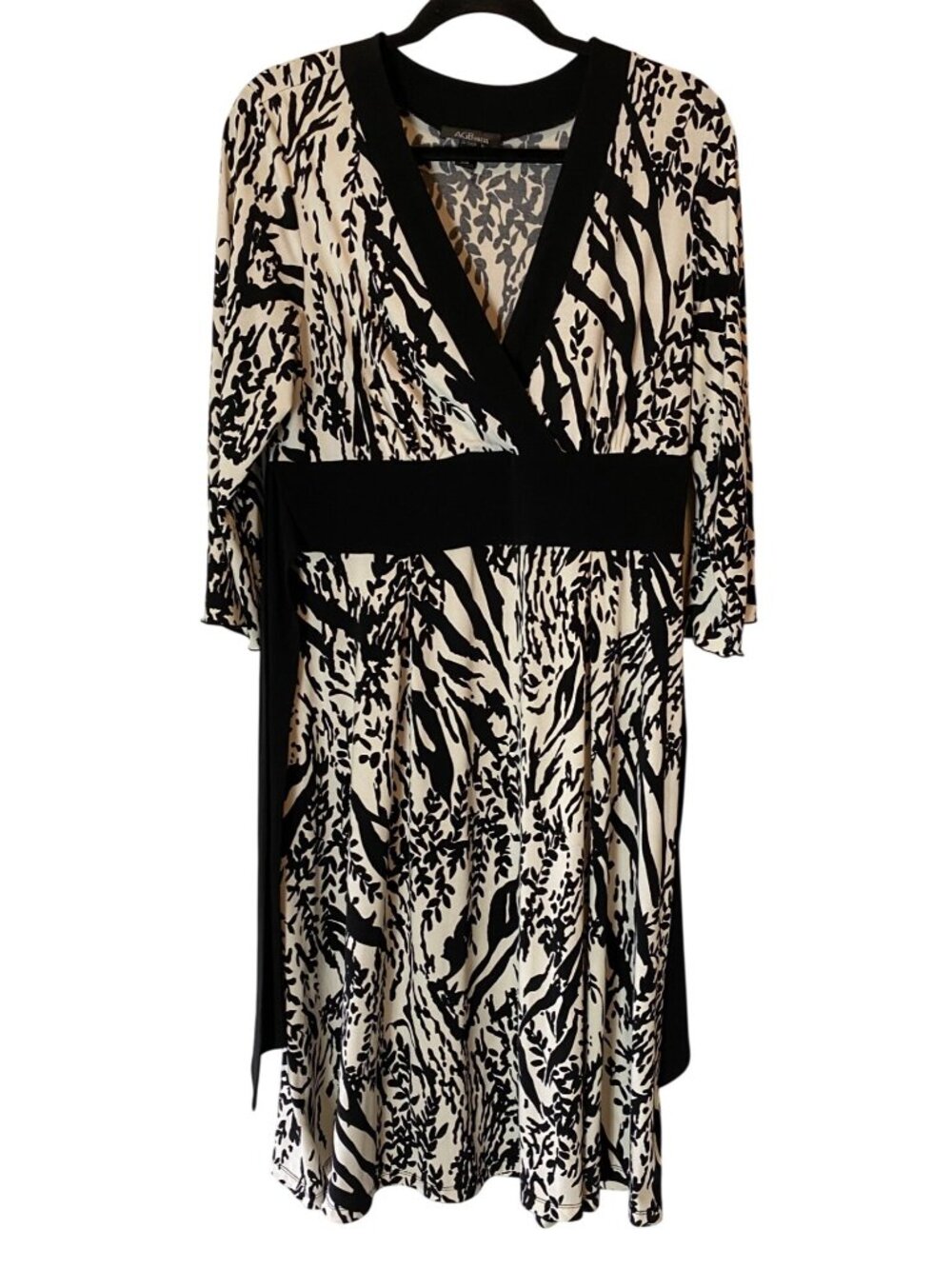 AGB Black & White Animal Print Wrap Dress Tie Waist 3/4 Sleeves Large